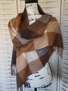 Cashmere Women’s Plaid Fringe Shawl Scarf - Brown Multi